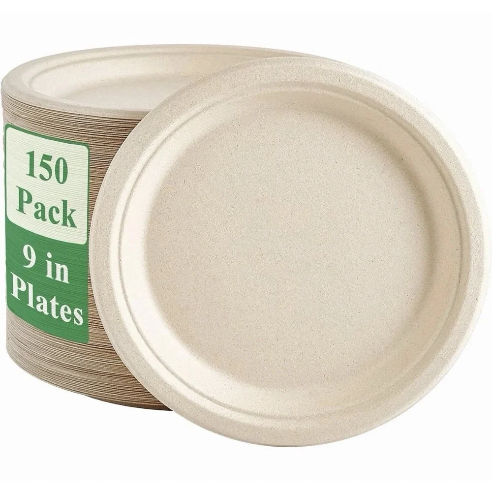 Vplus 150 Pack Compostable Disposable Paper Plates 10.25 inch Super Strong